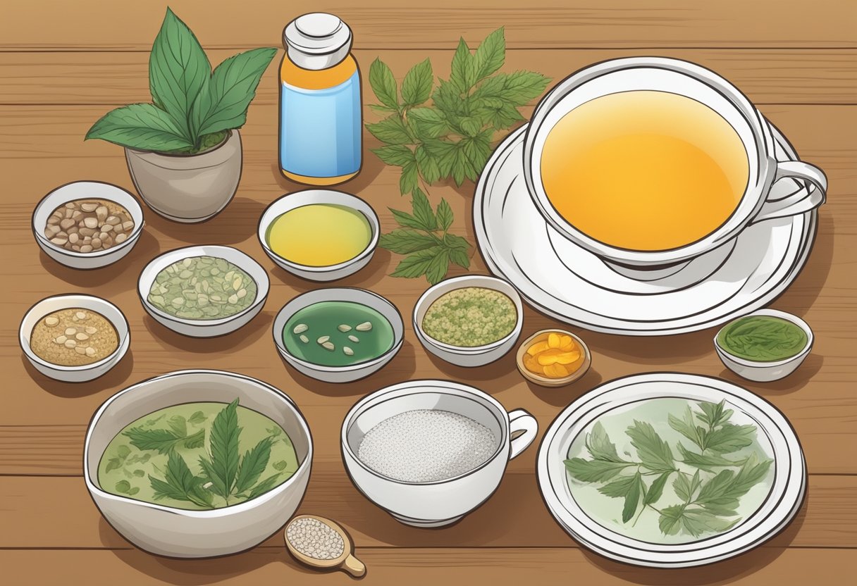 A table with various over-the-counter medications and natural remedies for a sore throat, alongside a bowl of soothing soup and a cup of herbal tea