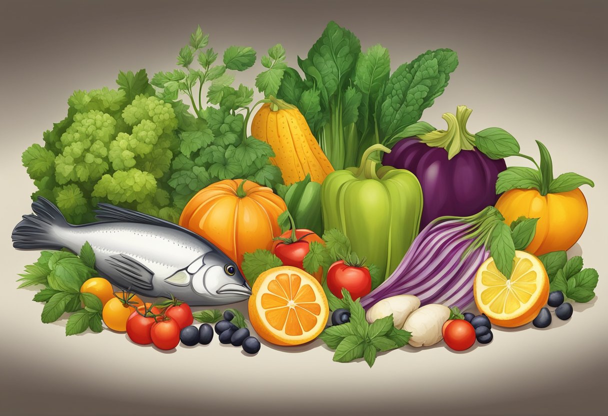 A variety of colorful fruits, vegetables, and herbs arranged on a table, with a steaming bowl of chicken soup in the center