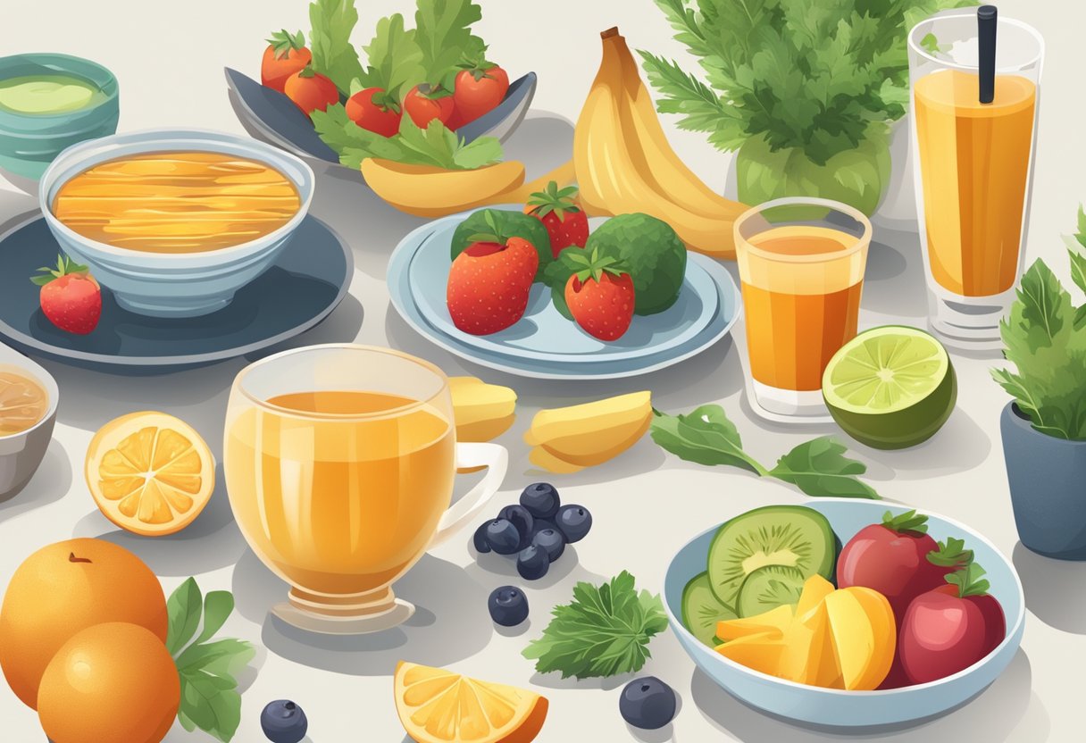 A table set with soothing foods like warm tea, honey, and smoothies. A bowl of fresh fruits and vegetables sits nearby