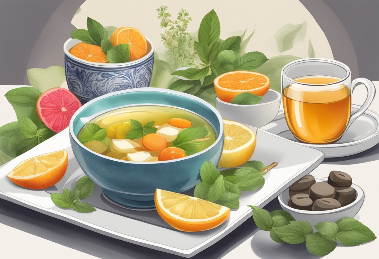 A bowl of steaming soup surrounded by soothing herbal tea and a plate of sliced fruits, with a box of lozenges nearby