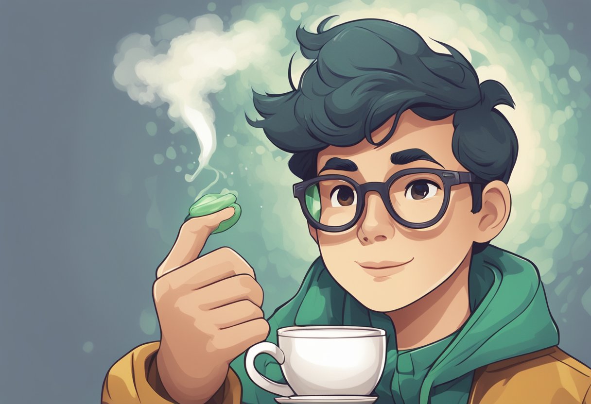 A person holding a warm cup of Sprite, with steam rising, and a soothing expression on their face