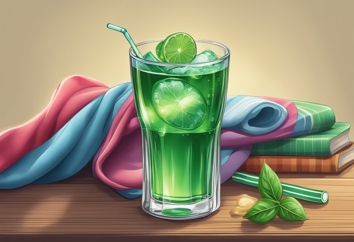 A glass of sprite sits on a table, surrounded by a warm scarf and a soothing throat lozenge