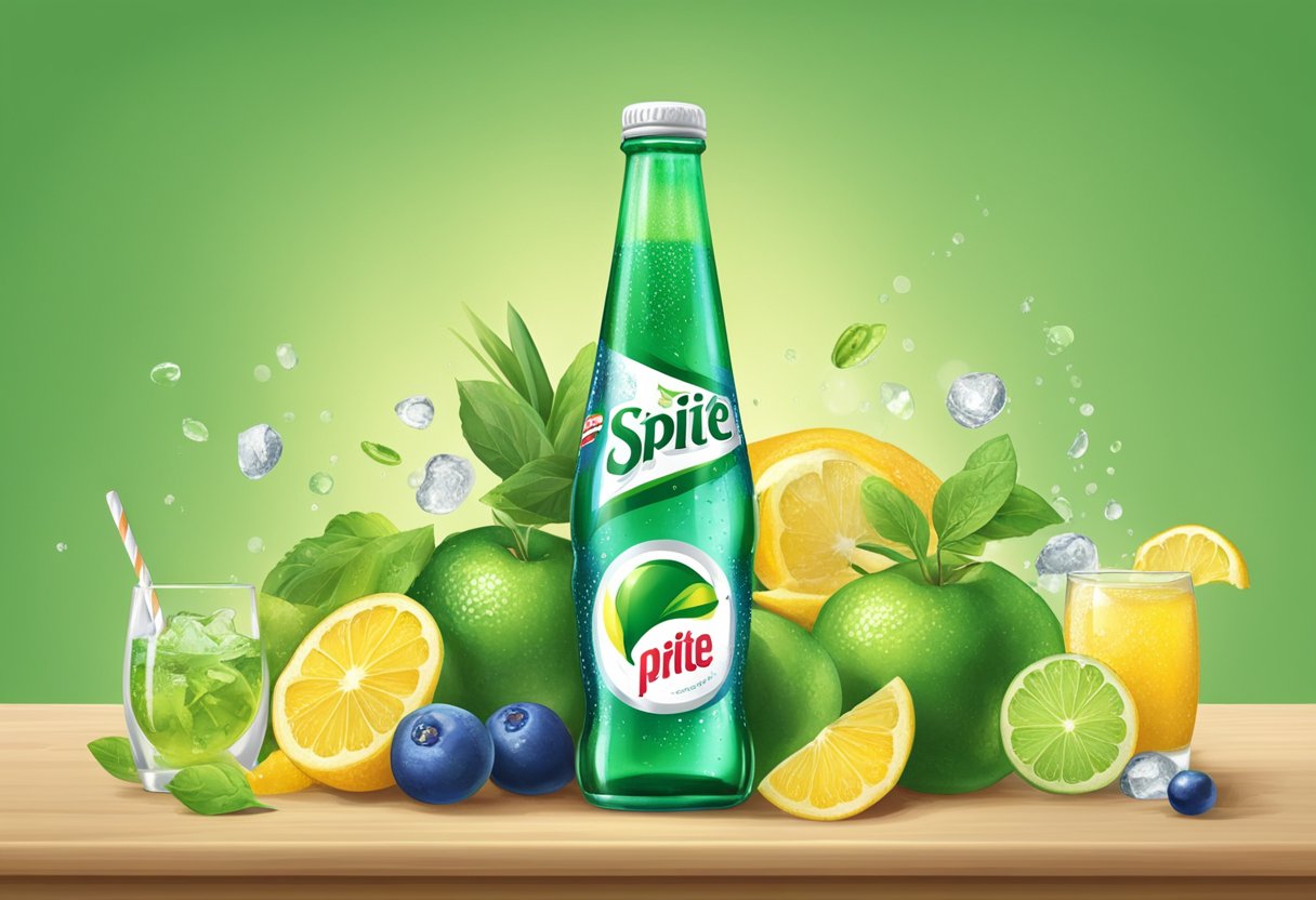 A table with a bottle of Sprite, surrounded by various ingredients