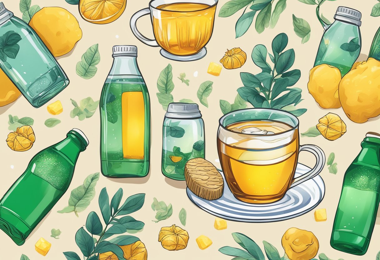 A bottle of Sprite surrounded by soothing imagery like a warm cup of tea, honey, and a cozy blanket