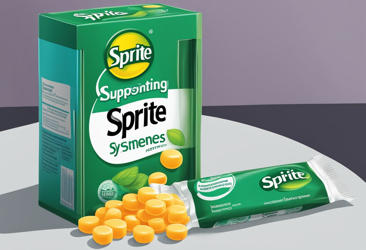 A bottle of Sprite sits on a table next to a box of throat lozenges. The label on the bottle reads "Supporting Your Immune System."