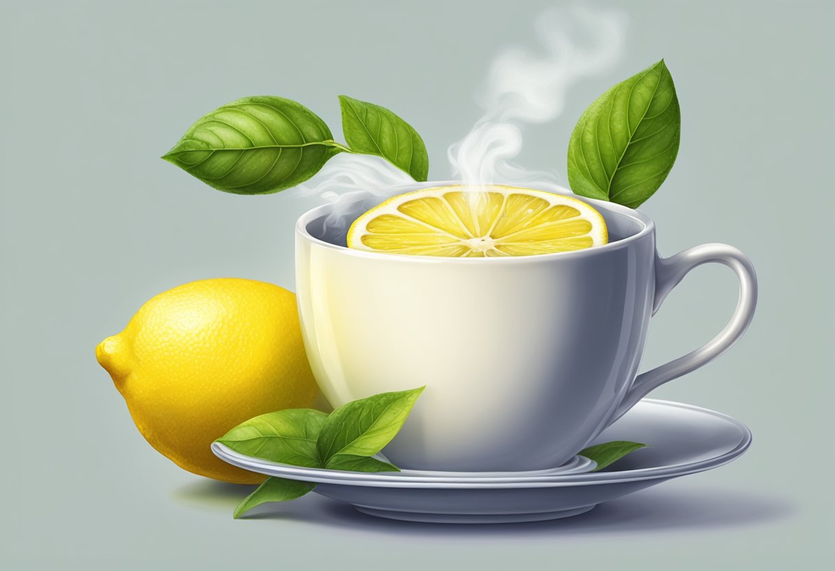 A lemon being squeezed into a cup, with steam rising from the hot water, and a soothing aroma filling the air