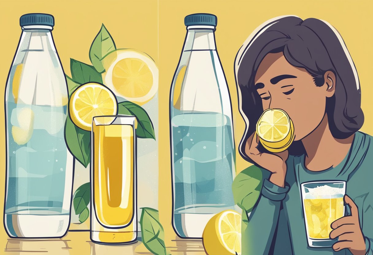 A person holding a mug of hot water with lemon and honey next to a bottle of Sprite. The person is looking at both options, considering which one to choose for their sore throat