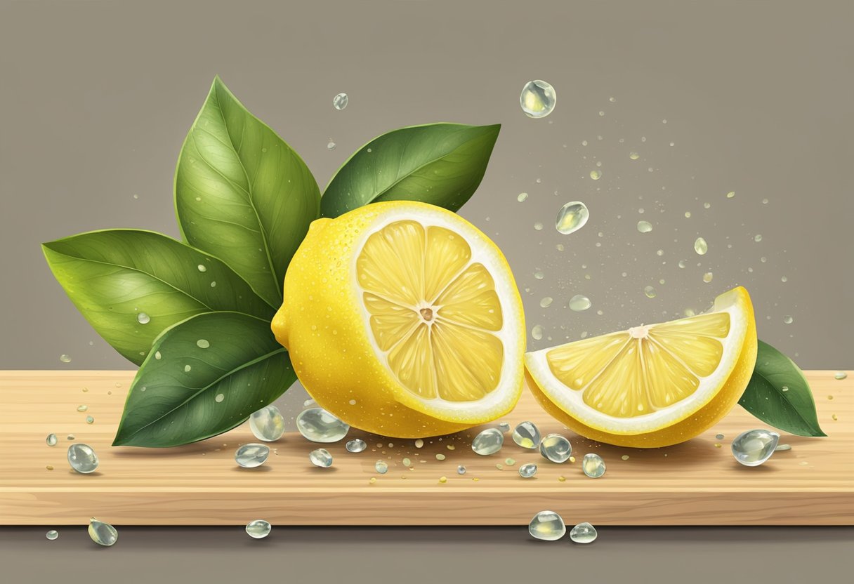 A lemon sitting on a wooden cutting board, surrounded by a few scattered lemon seeds. The lemon is sliced in half, with droplets of juice visible on the surface