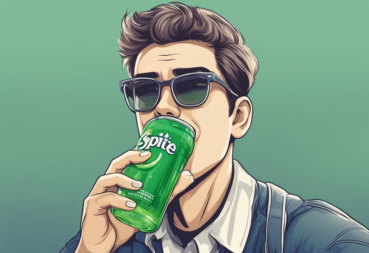 A person drinking Sprite to soothe a sore throat, with a satisfied expression