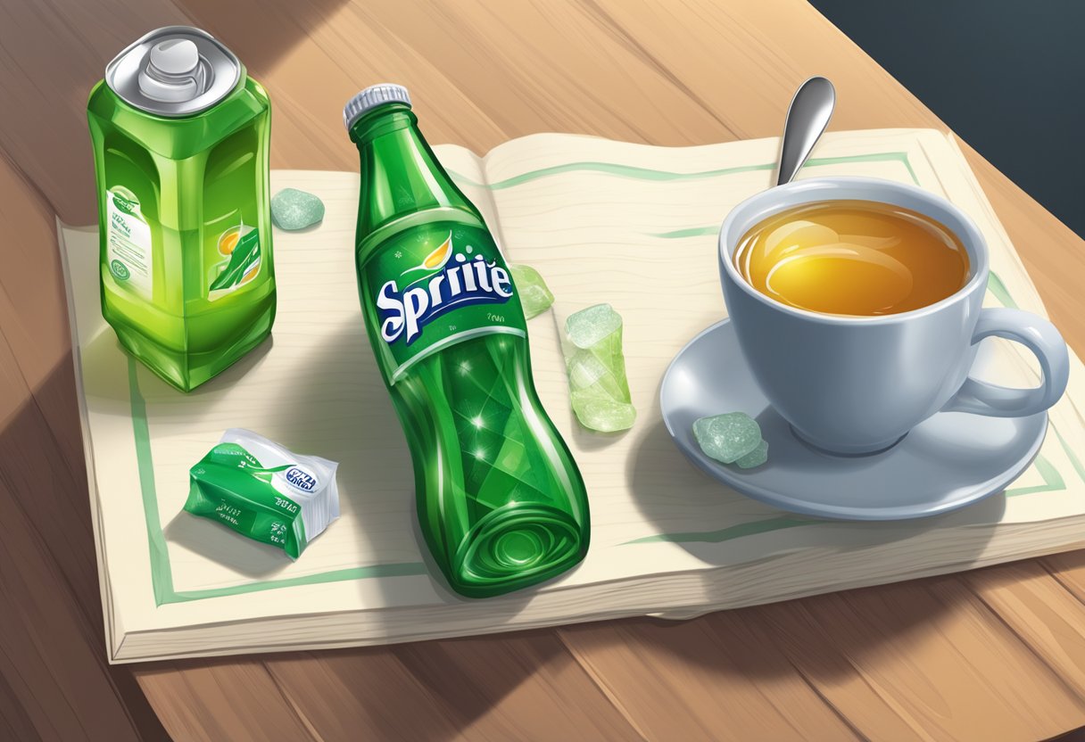 A bottle of Sprite next to a cup of tea, with a spoon and a box of throat lozenges on a table