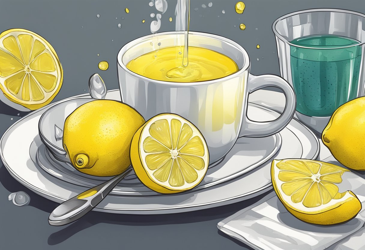 A lemon being sliced open, with juice dripping out, and a cup of hot water nearby