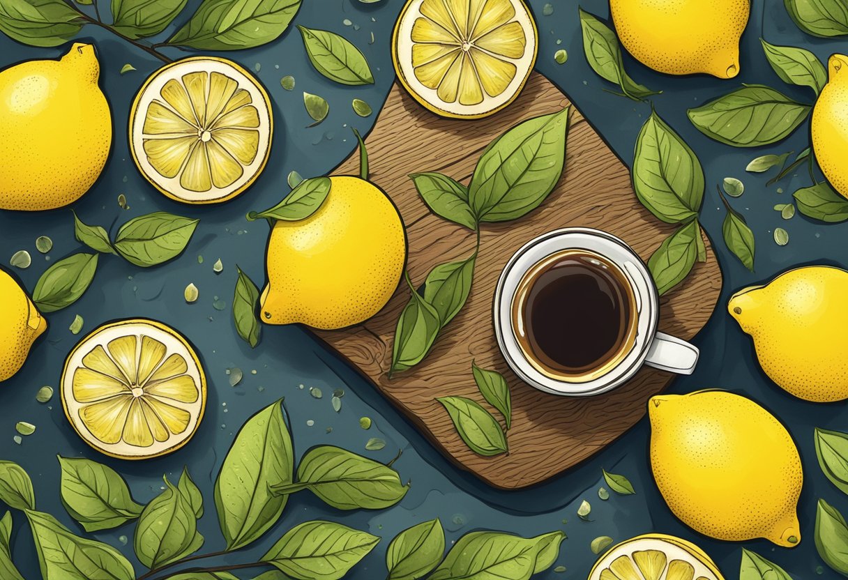 A lemon half sits on a wooden cutting board, surrounded by a scattering of loose tea leaves and a steaming mug