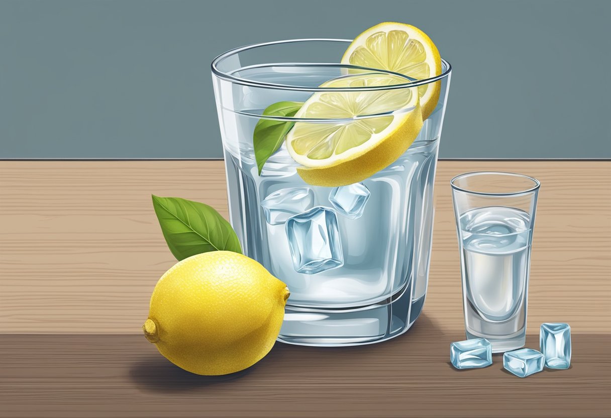 A glass of water with lemon slices and a soothing throat lozenge on a table