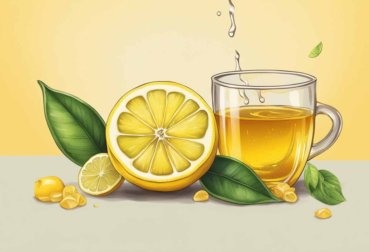 A lemon sliced in half with juice dripping out, surrounded by herbal tea and honey