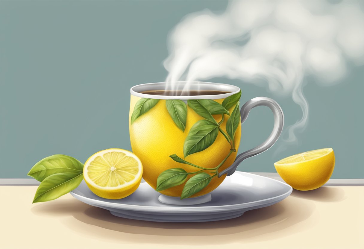 A lemon being squeezed into a hot cup of tea, with a soothing steam rising from the mug