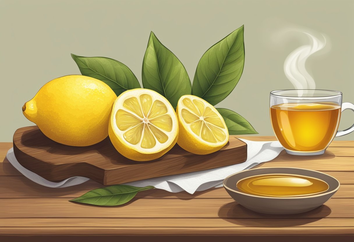 A lemon sits on a wooden cutting board, surrounded by a bowl of honey and a cup of hot tea. A steaming mug and a soothing atmosphere suggest the use of lemon for a sore throat remedy