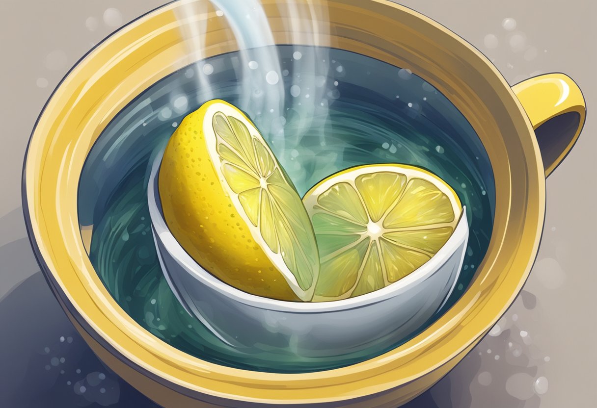 A lemon being squeezed into a cup of hot water, steam rising, with a soothing aura around it