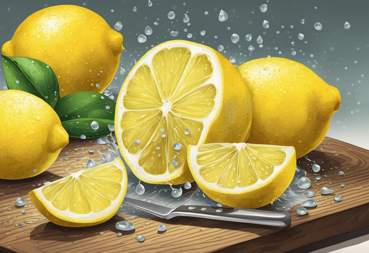 A lemon being sliced open, with drops of juice and seeds spilling out onto a cutting board