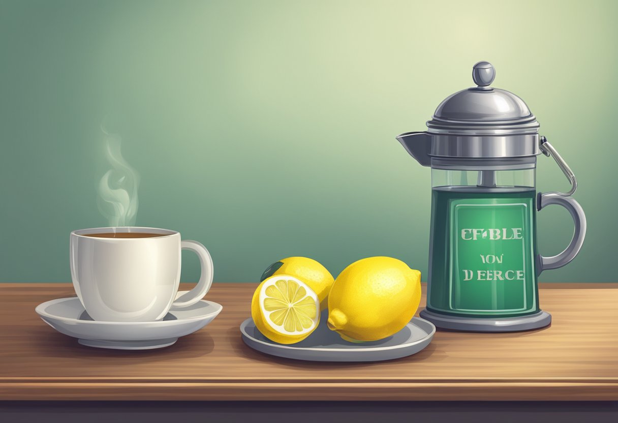 A lemon sits on a table next to a cup of tea. A doctor's office sign hangs on the wall