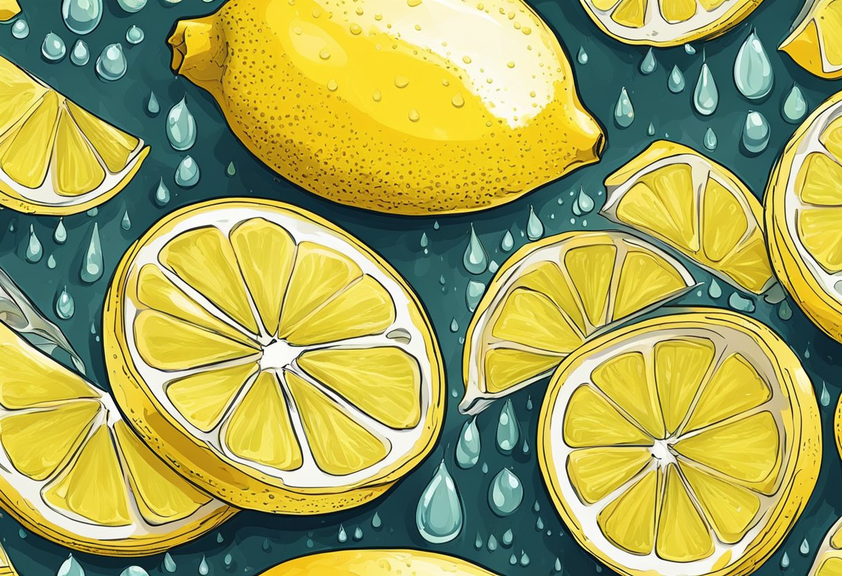 A lemon sitting on a table with a slice cut out, surrounded by a few drops of juice