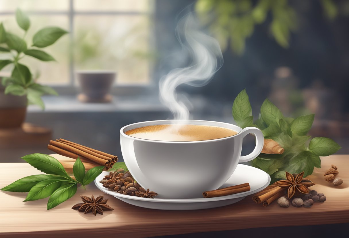 A steaming cup of chai sits on a table, surrounded by soothing herbs and spices, with a gentle wisp of steam rising from the surface