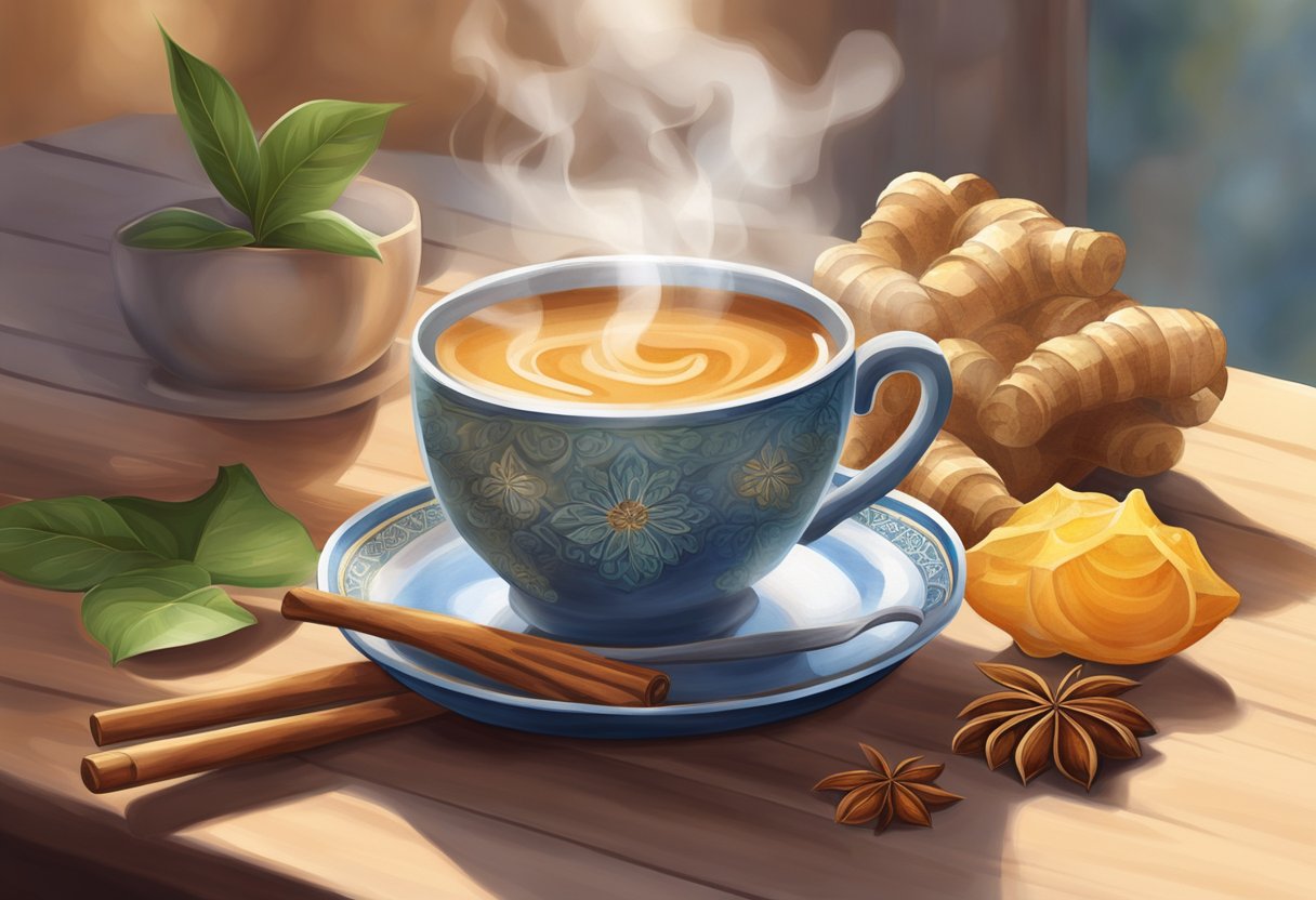 A steaming cup of chai sits on a table, surrounded by soothing ingredients like ginger and honey. A warm, comforting atmosphere fills the room