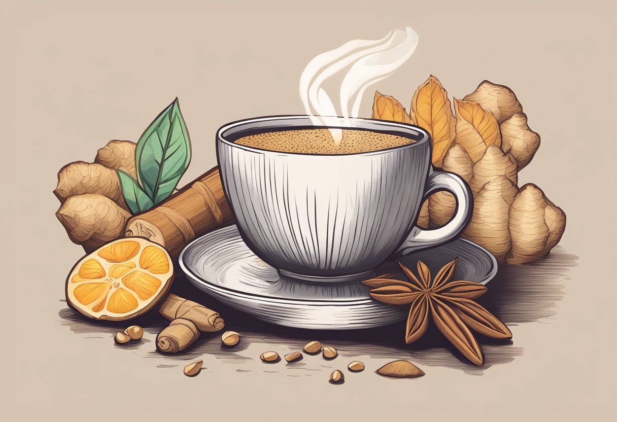A steaming cup of chai surrounded by ginger, cinnamon, cloves, and cardamom. A soothing remedy for a sore throat