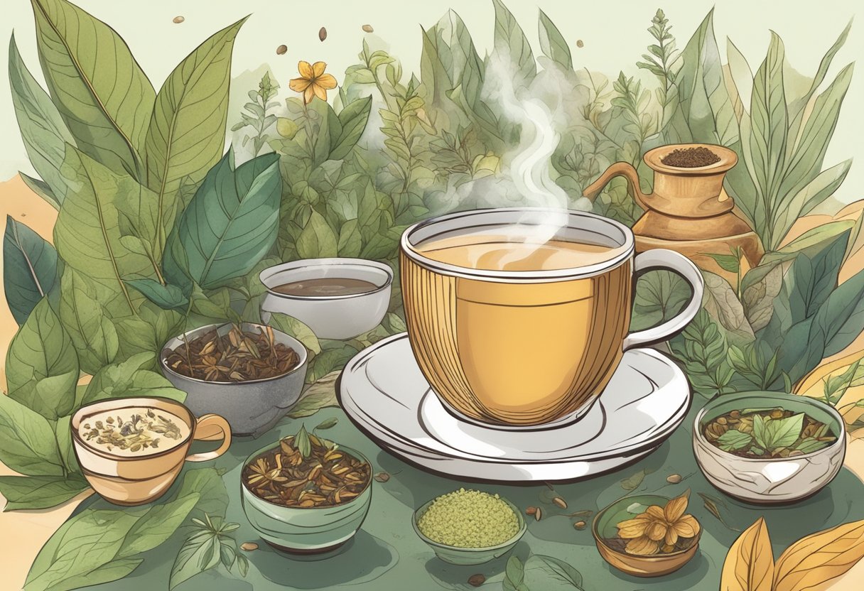 A steaming cup of chai surrounded by various types of tea leaves and herbs, with a soothing and healing atmosphere