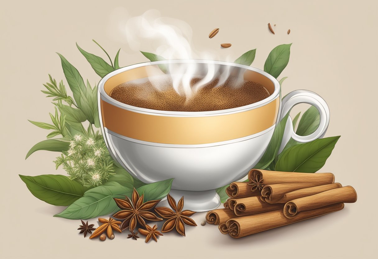 A steaming cup of chai surrounded by healing herbs and spices