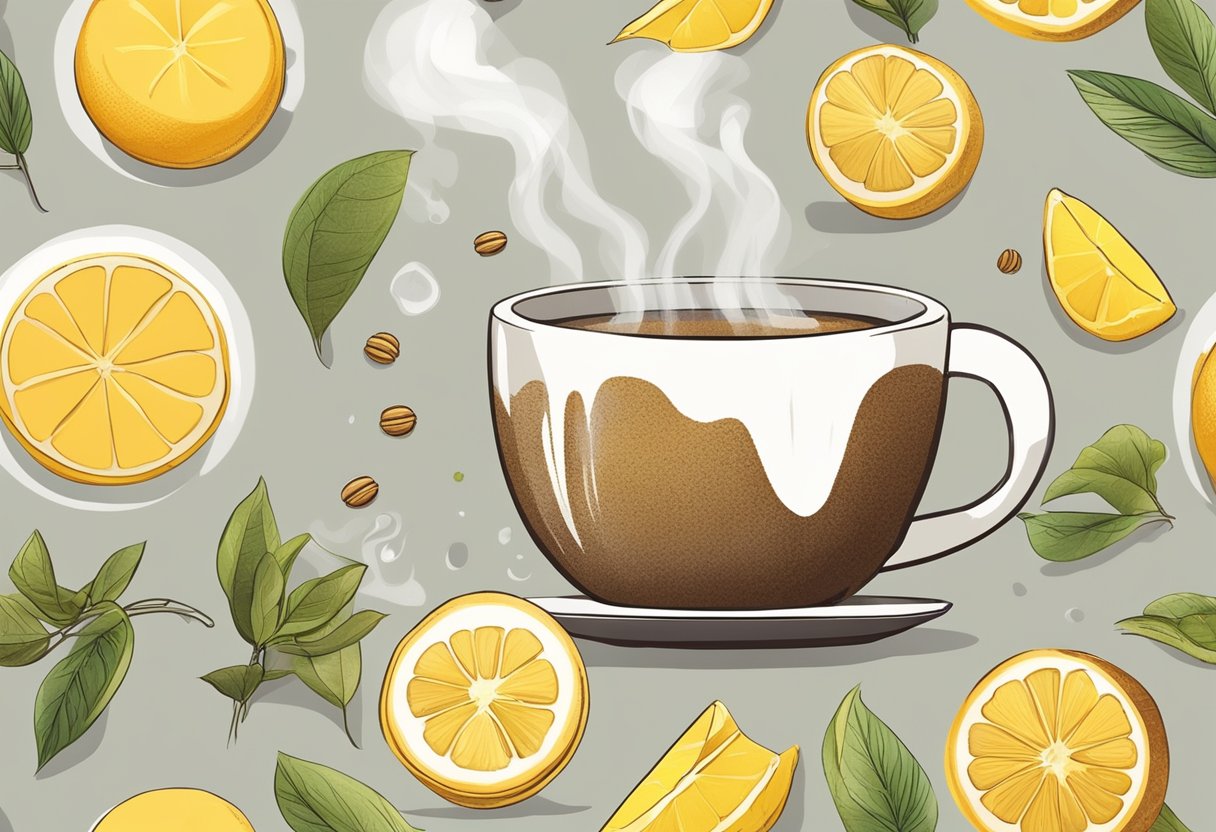Steam rises from a steaming mug of chai, surrounded by a collection of soothing ingredients like honey, ginger, and lemon