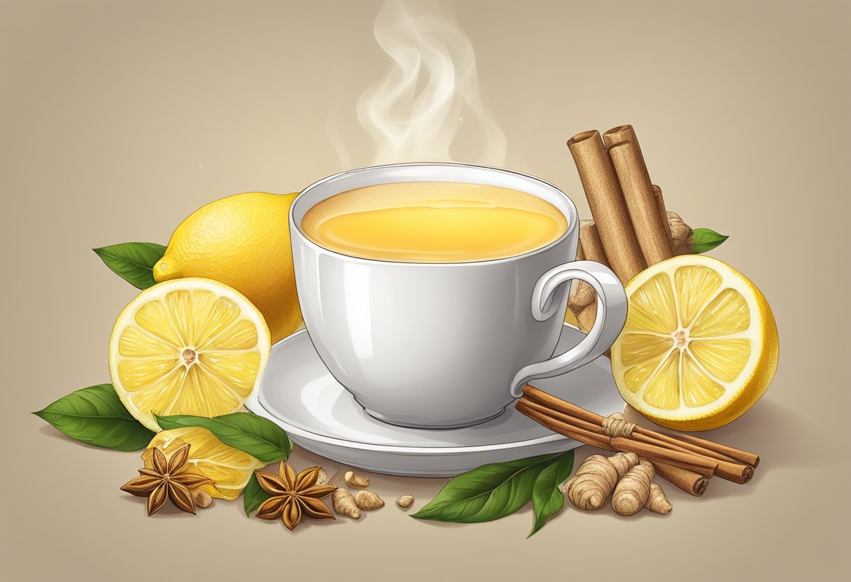 A steaming cup of chai surrounded by ginger, honey, and lemon