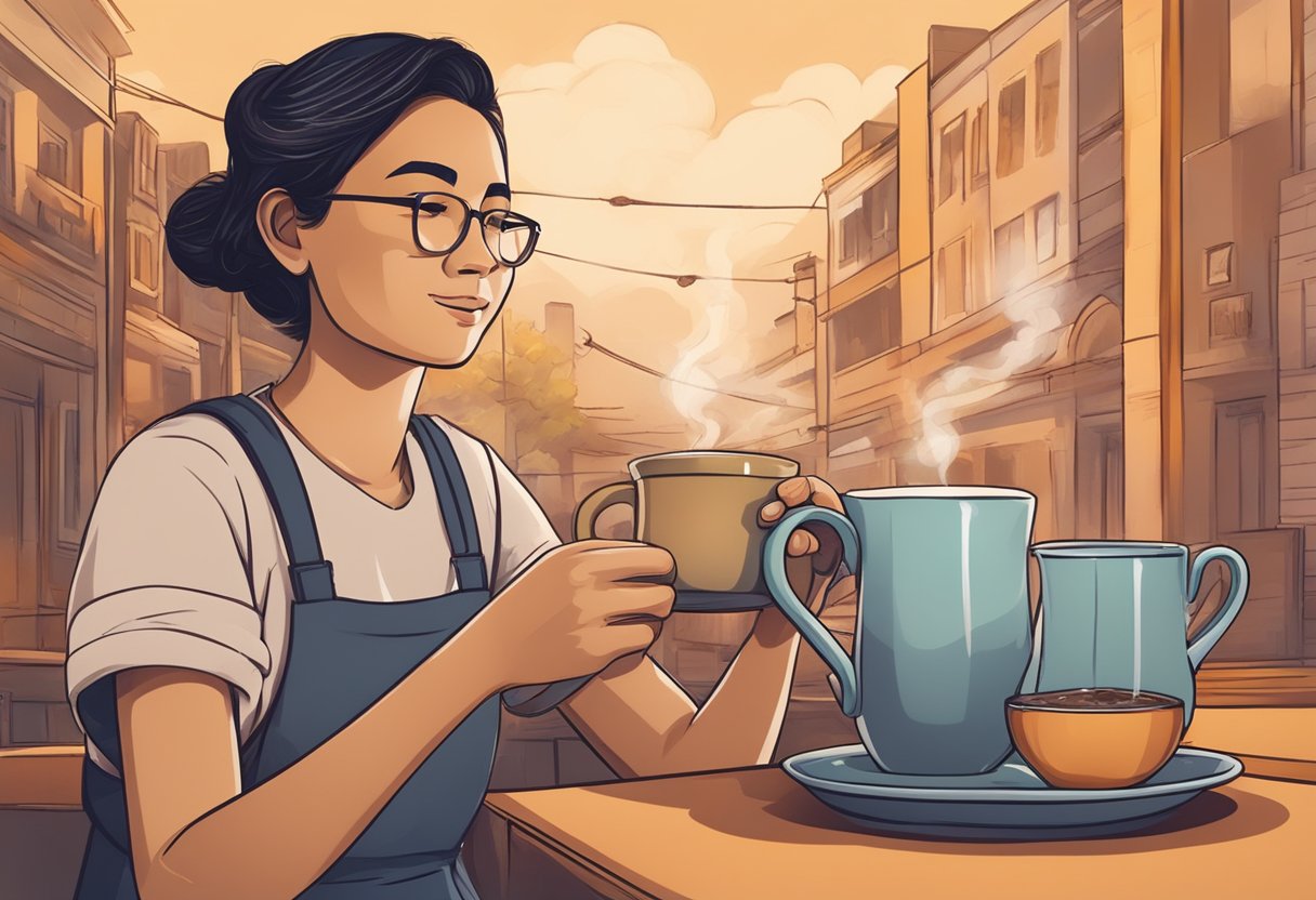A person holding a mug of chai, with steam rising, and a soothing, warm atmosphere