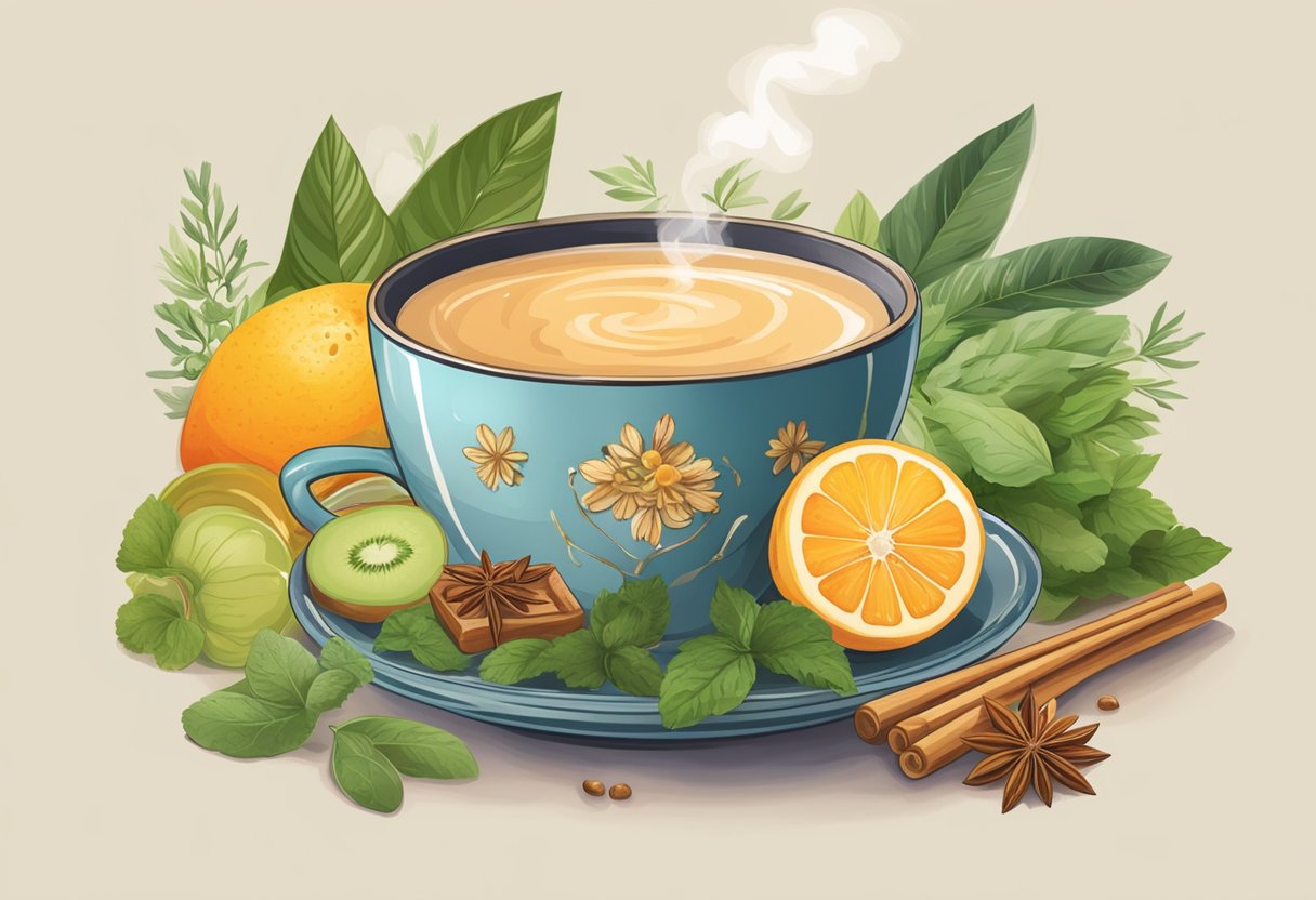 A steaming cup of chai surrounded by soothing herbs and honey, with a bowl of fresh fruits and vegetables nearby