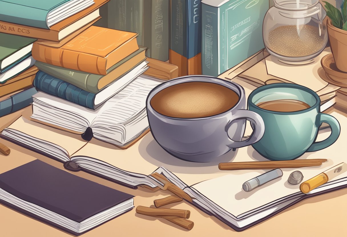 A steaming cup of chai sits on a table next to a soothing throat lozenge, surrounded by a stack of books on home remedies