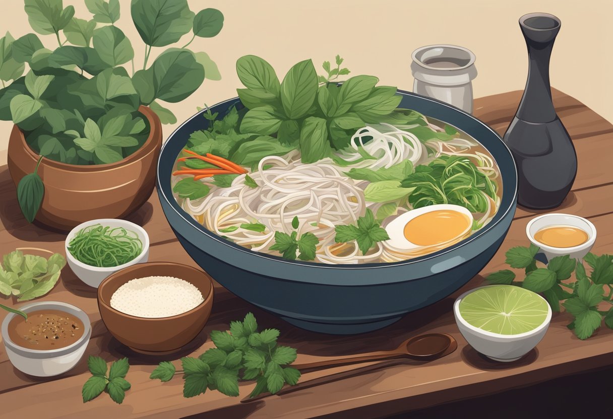 A steaming bowl of pho sits on a table, surrounded by fresh herbs and condiments. A person holds a spoon, ready to take a comforting sip