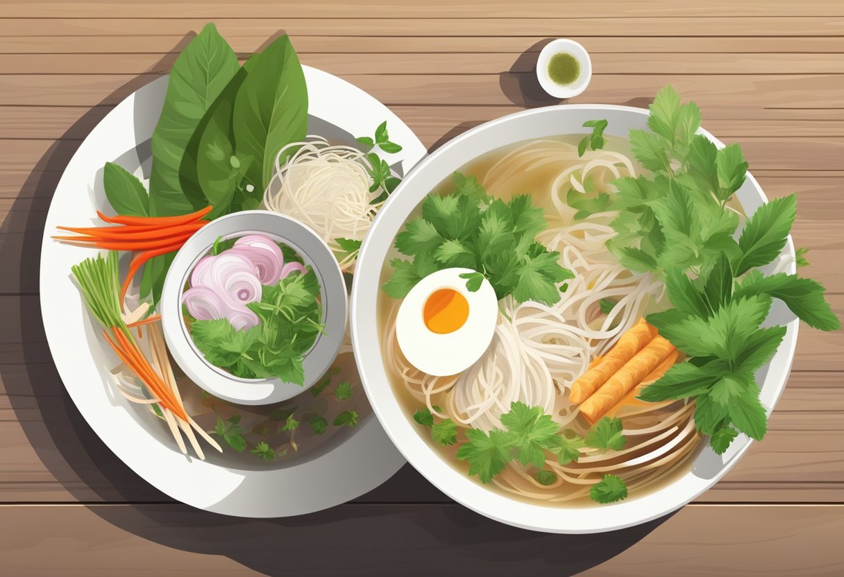 A steaming bowl of pho sits on a wooden table, surrounded by fresh herbs and condiments. A gentle wisp of steam rises from the fragrant broth