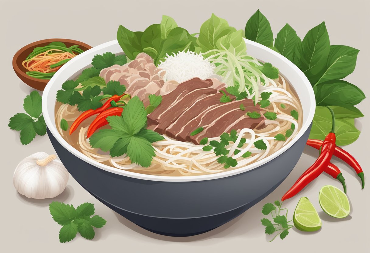 A steaming bowl of pho with fresh herbs, tender slices of beef, and rice noodles, surrounded by ingredients like ginger, garlic, and chili peppers