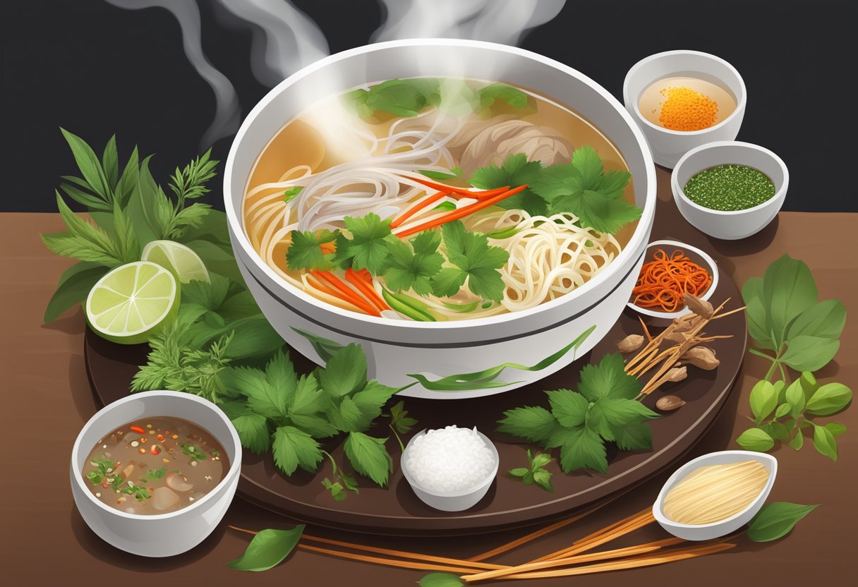 A steaming bowl of pho with herbs and spices, surrounded by a warm and comforting atmosphere