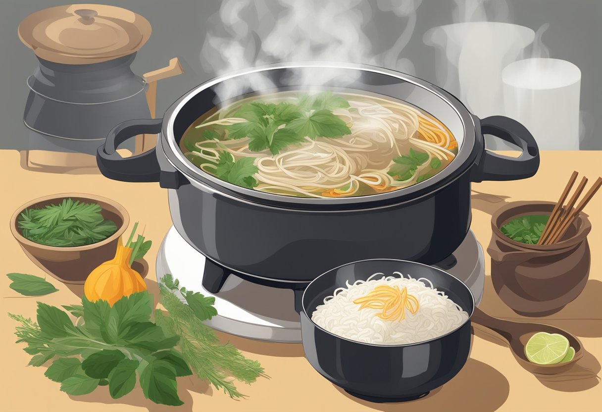 A steaming pot of pho broth simmers on a stove, surrounded by fresh herbs, spices, and rice noodles