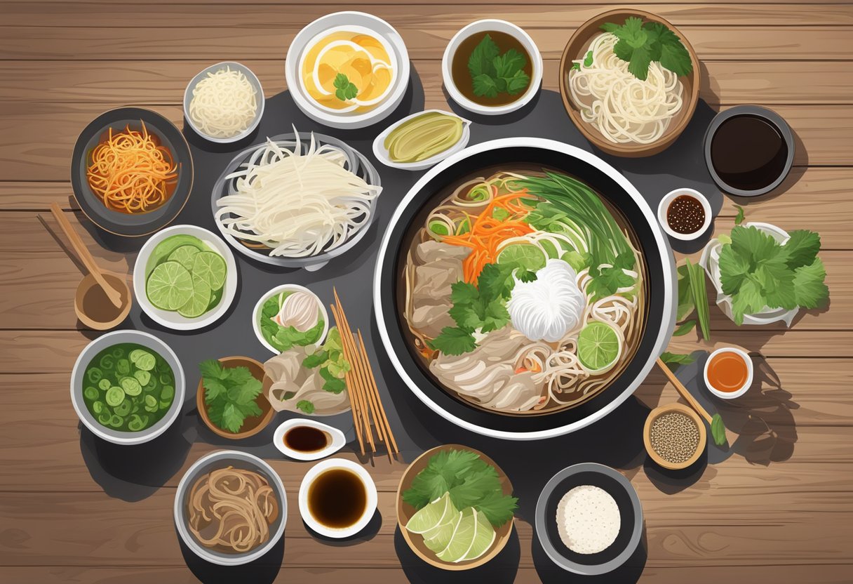 A steaming bowl of pho with various toppings and condiments arranged around it on a wooden table