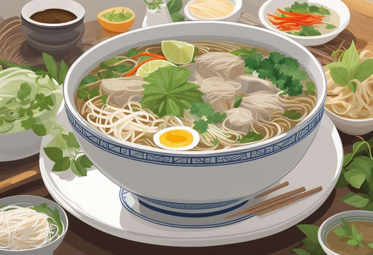 A steaming bowl of authentic Vietnamese Pho sits on a table, surrounded by aromatic herbs and condiments. A soothing, warm broth rises from the bowl, ready to comfort a sore throat