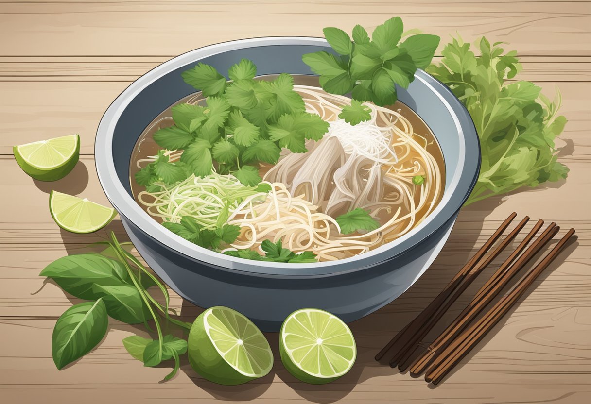 A steaming bowl of pho sits on a wooden table, surrounded by fresh herbs, bean sprouts, and lime slices. Steam rises from the broth, creating an inviting scene