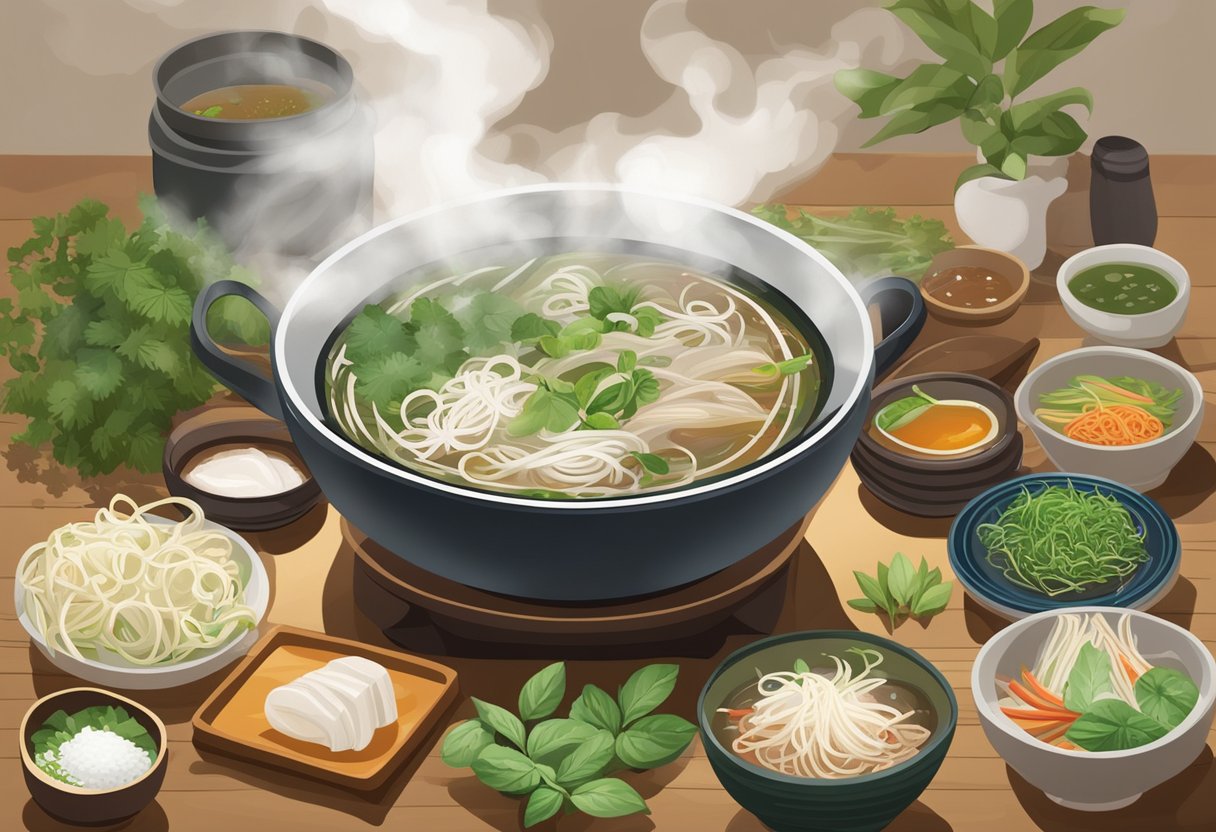 A steaming bowl of pho sits on a table, surrounded by herbs and condiments. Steam rises from the broth, creating a warm and inviting atmosphere