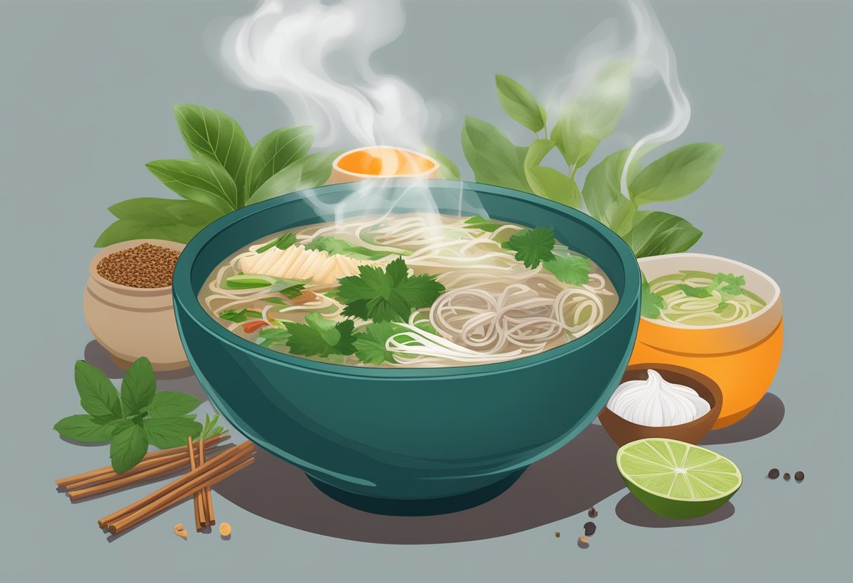 A steaming bowl of pho surrounded by soothing herbs and spices