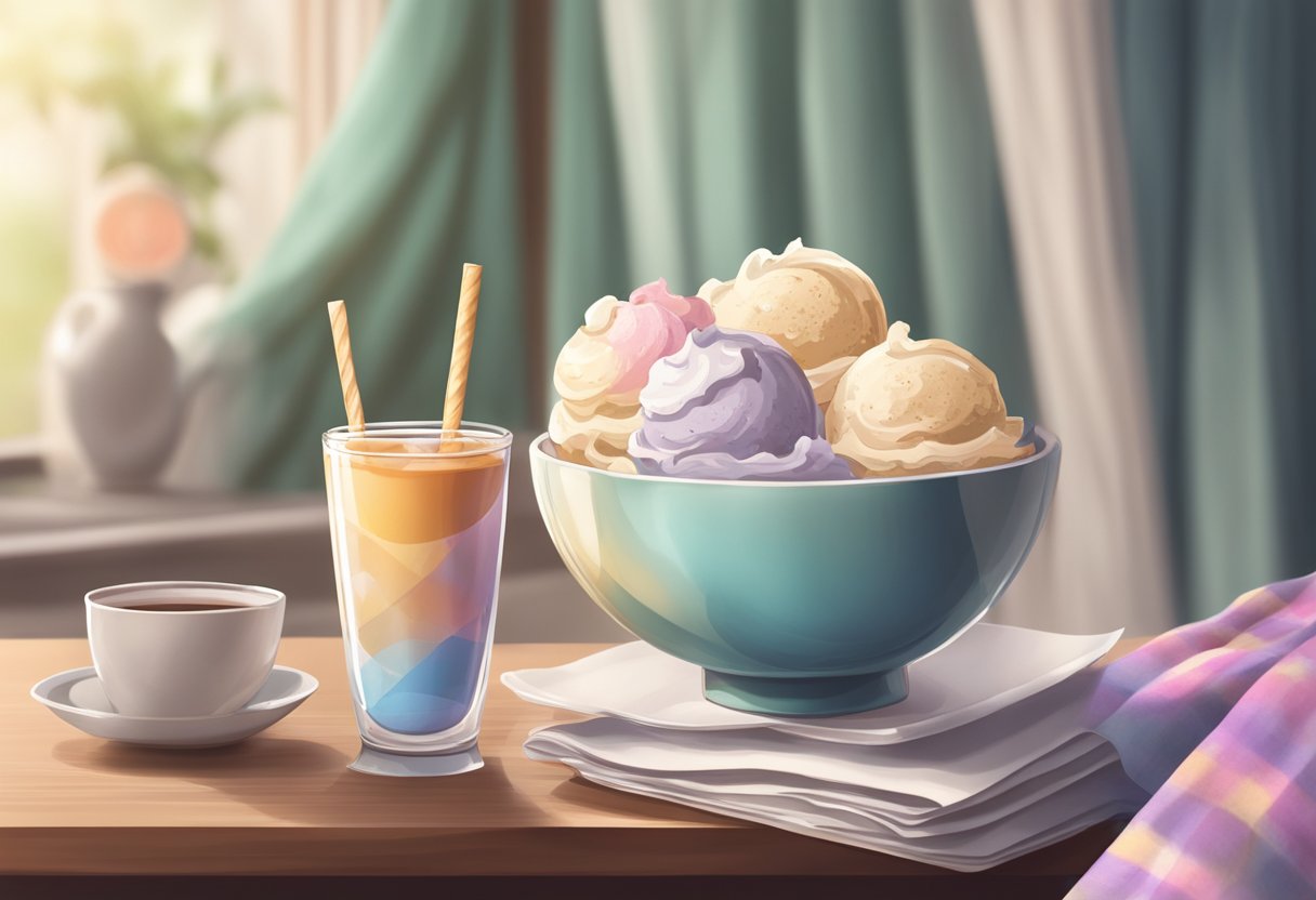 A bowl of ice cream sits on a table next to a soothing cup of tea, surrounded by tissues and a warm blanket