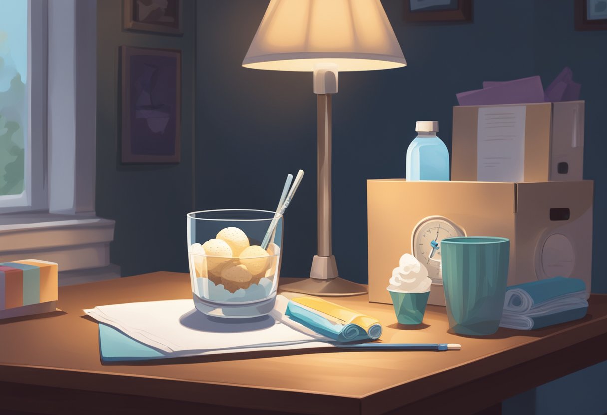 A bowl of ice cream sits on a table next to a box of tissues and a glass of water. A thermometer lies nearby. The room is dimly lit, creating a cozy and comforting atmosphere