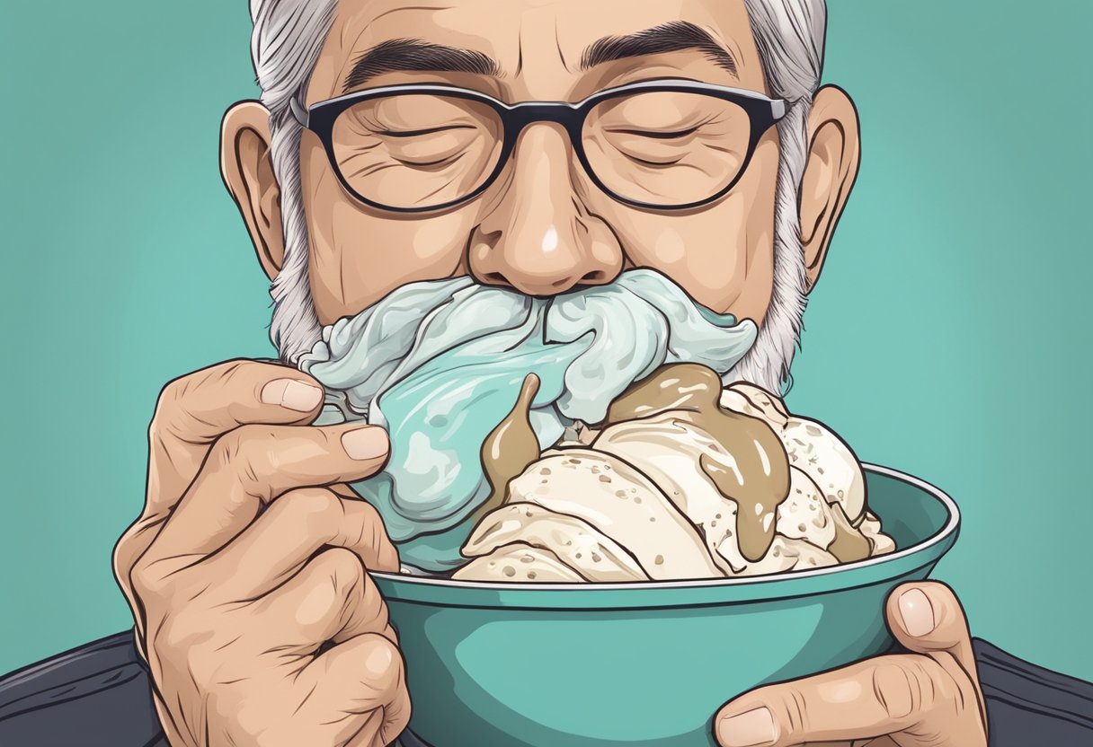 A person holding a bowl of ice cream, with a soothing expression on their face, while the ice cream melts and provides relief to a sore throat