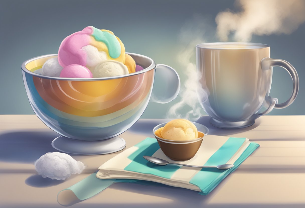 A bowl of melting ice cream sits on a table, steam rises from a hot drink beside it, illustrating the role of temperature in throat relief