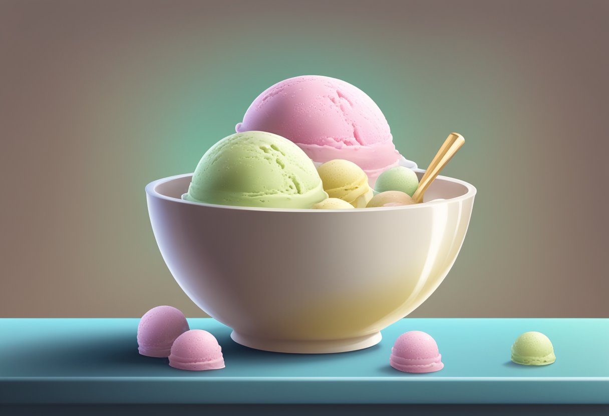 A bowl of soothing ice cream sits on a table, ready to provide relief for a sore throat