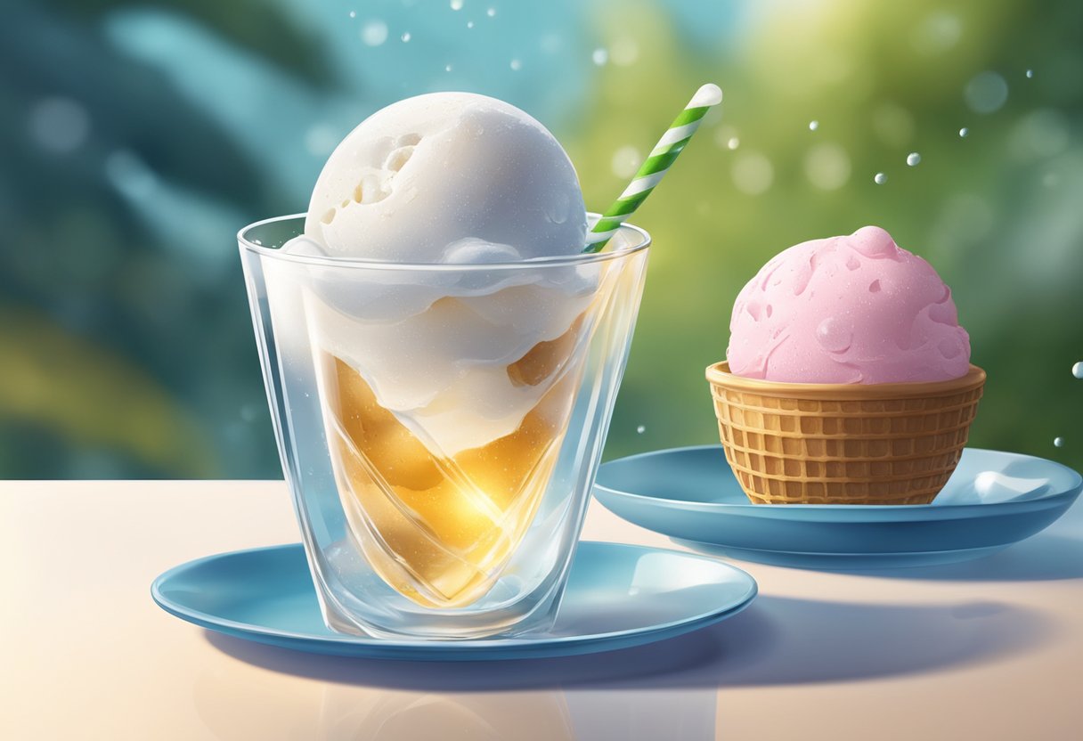 A glass of water sits next to a bowl of ice cream. The water droplets condense on the glass, while the ice cream glistens in the light